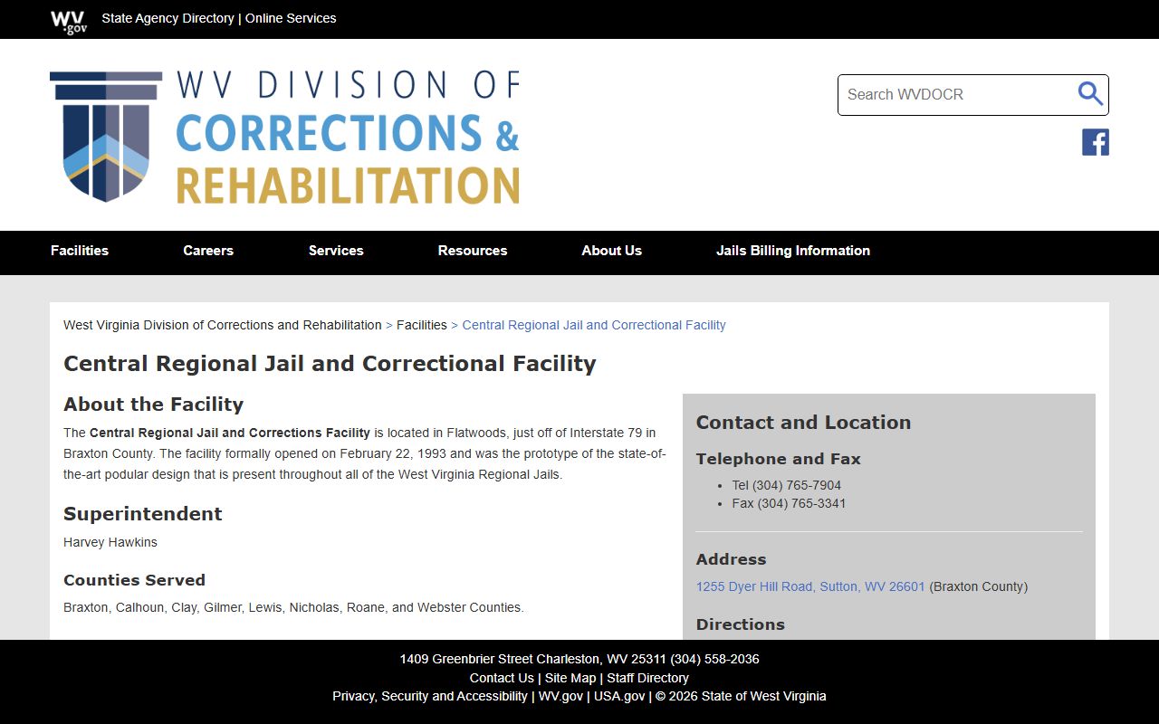Central Regional Jail page for Gilmer County inmate population and visitation