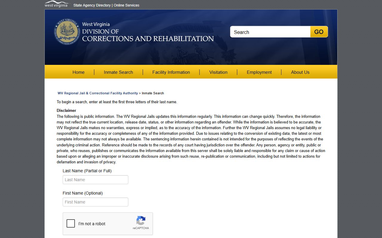 WV regional jail search form for Gilmer County inmate lookup