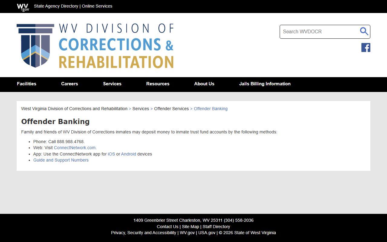 WVDCR banking page for Central Regional Jail inmate funds