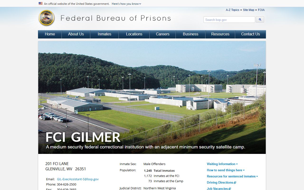 FCI Gilmer facility page for federal inmate population in Gilmer County