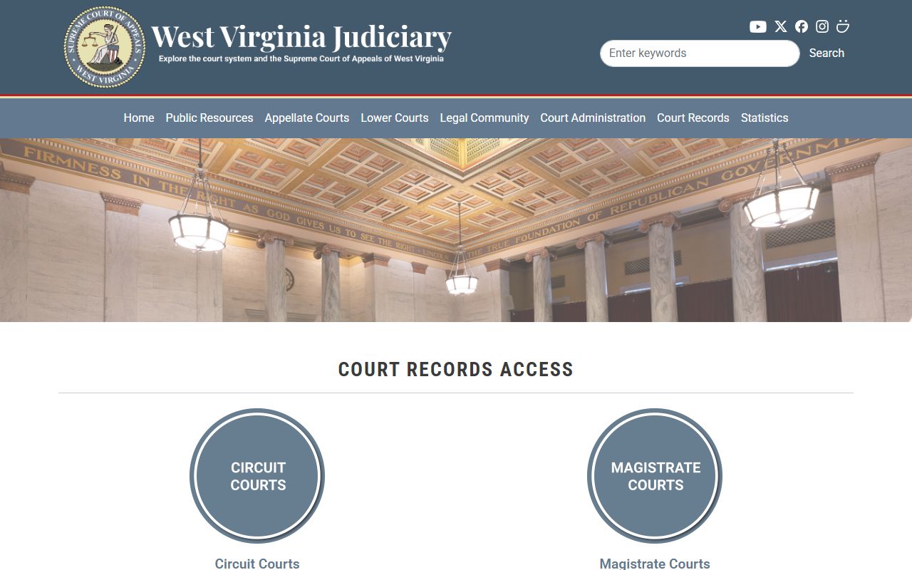 West Virginia Judiciary court record access page with circuit and magistrate search options
